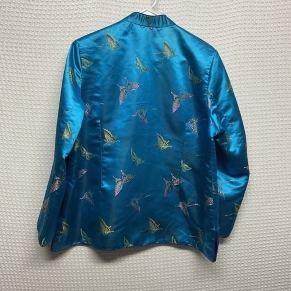 Vintage Asian Sateen Jacket Cheongsam Blue Butterfly Embroidery Women 40 (3XL) - Picture 5 of 7